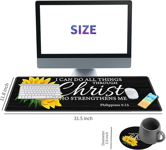 Desk Pad Mat Large Mouse Pad XL Extended Mousepad Gaming with Sunflower Bible 31.5 *11.8 Huge Mouse Pads for Computer Laptop Home Office + Cup Coaster