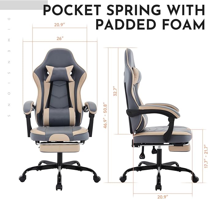 Beige Gaming Chair Ergonomic Computer Chair with Footrest ＆ Lumbar Support Height Adjustable Game Chairs with 360°-Swivel Seat and Headrest for Adults Office