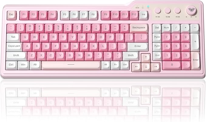 Aula F3099 Wireless Keyboard with Media Knob Tri-Mode BT5.0/2.4GHz/USB-C Cute Creamy Keyboard with Number Pad RGB Backlit Gaming Keyboard Quiet Typing Pink Computer Keyboards for Office Laptop/PC