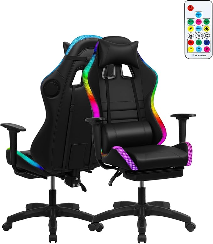 Gaming Chair with Built-in Speakers Ergonomic High Back Office Gaming Chair with Massage Lumbar Support LED Lights Retractable Footrest Adjustable Swivel Chair 350lbs (Muticolor)