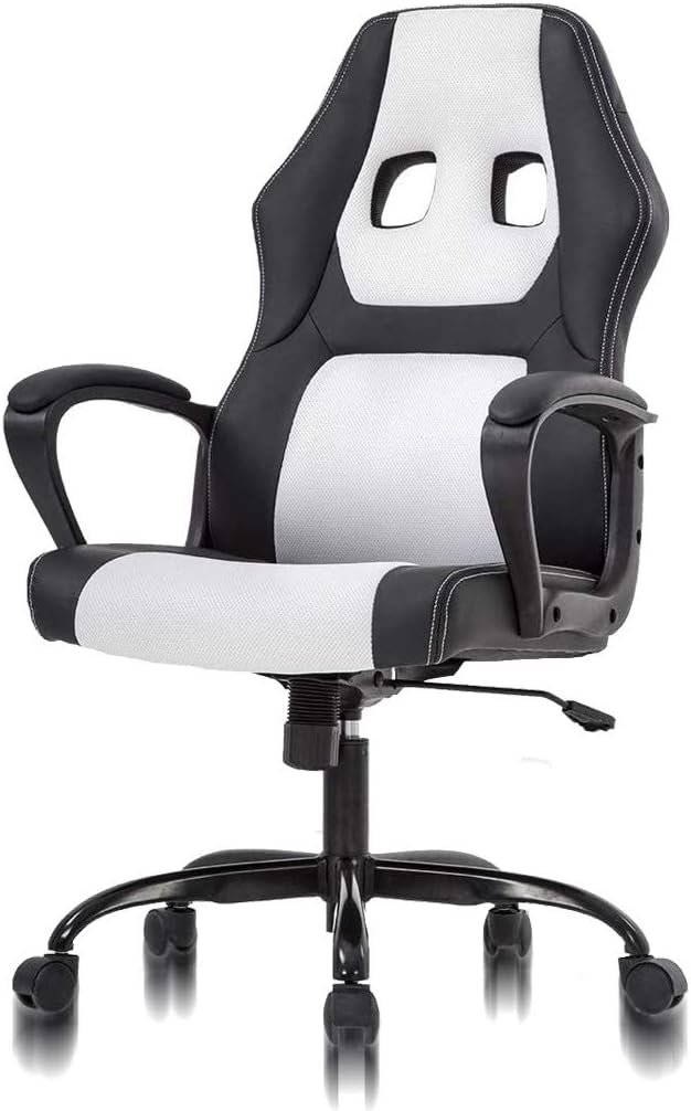TTY Store Modern White Gaming Ergonomic Racing Office Chair PU Leather &amp Mesh 250 lbs Capacity 360 Swivel Easy Assembly