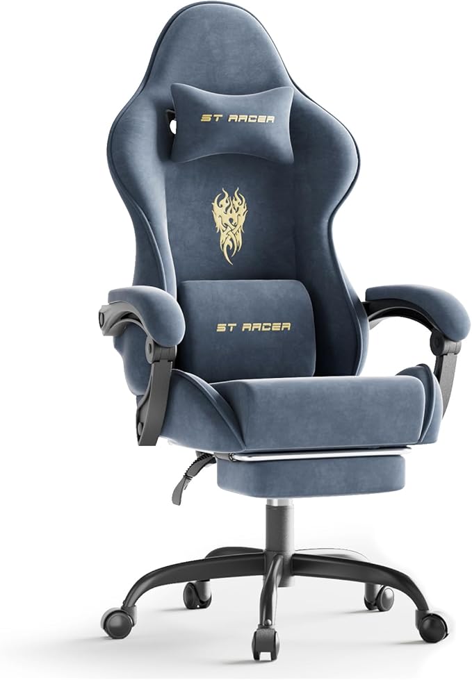 Ferghana Velvet Fabric Gaming Chair High Back Ergonomic Gamer Chair for Adult Comfortable Video Game Chair with Footrest and Massage Lumbar Cushion Racing Reclining Office Computer Desk Chair Grey