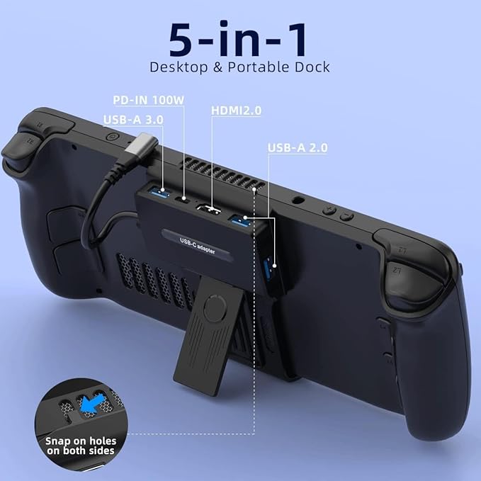 Portable Steam Deck Dock 5-in-1 USB C Hub Docking Station with 3*USB A 4K@60H USB C PD 100W Max Steam Deck Stand Base Accessories