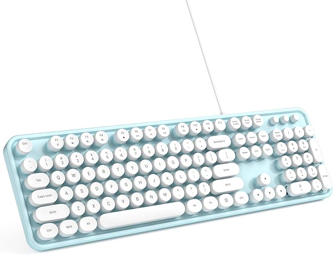 Computer Keyboard Wired Plug and Play USB Retro Round Typewriter Keyboard Full Size Wired Keyboard with Foldable Stands for Laptop and Office PC- Blue&ampWhite Colorful