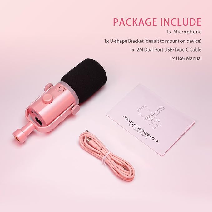 FEELWORLD PM1 XLR USB Dynamic Microphone Gifts for Podcast Recording PC Computer Gaming Live Streaming Vocal Voice-Over Studio Metal Mic with RGB Light Mute Button Headphones Jack (Pink)
