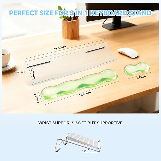 Acrylic Keyboard Stand with Cooling Gel Wrist Rest Set Clear Ergonomic Keyboard Riser Tilted Computer Keyboard Holder with Non-Slip Silicone for Mechanical/Wireless Keyboards Home Office &amp Gami