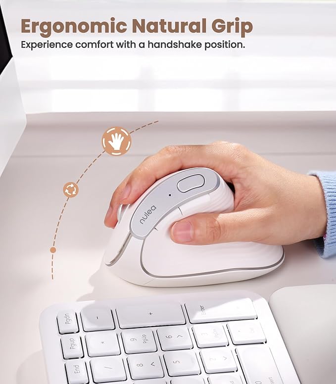 Nulea M510 Vertical Mouse Wireless Ergonomic Mouse for Comfy Tracking 3 Adjustable DPI (800-1200-1600) 2.4G Wireless Vertical Mouse with 6 Buttons Compatible with Windows Mac OS Laptop White