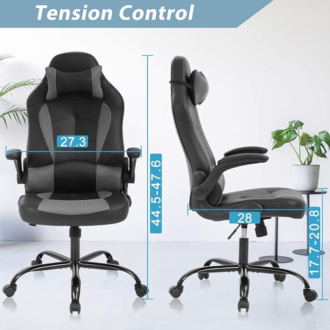 Gaming Chair High Back Home Office Chair Ergonomic PC Racing Chairs with Flip-up Arms PU Leather Computer Chairs Adjustable Height Swivel Executive Grey