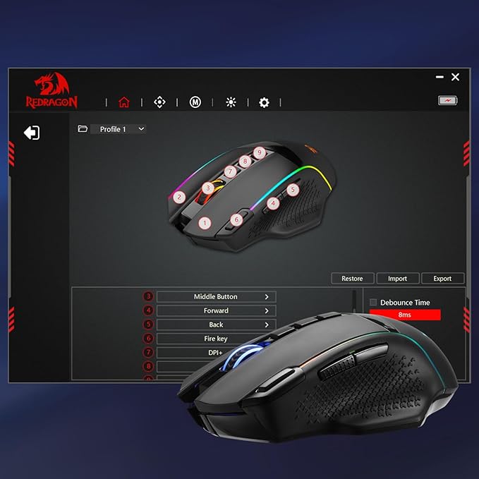 Redragon M991 Wireless Gaming Mouse 26000 DPI 3-Mode Gamer Mice w/Rapid Fire Key 9 Macro Buttons Powerful Capacity and RGB Backlight for PC/Mac/Laptop Black