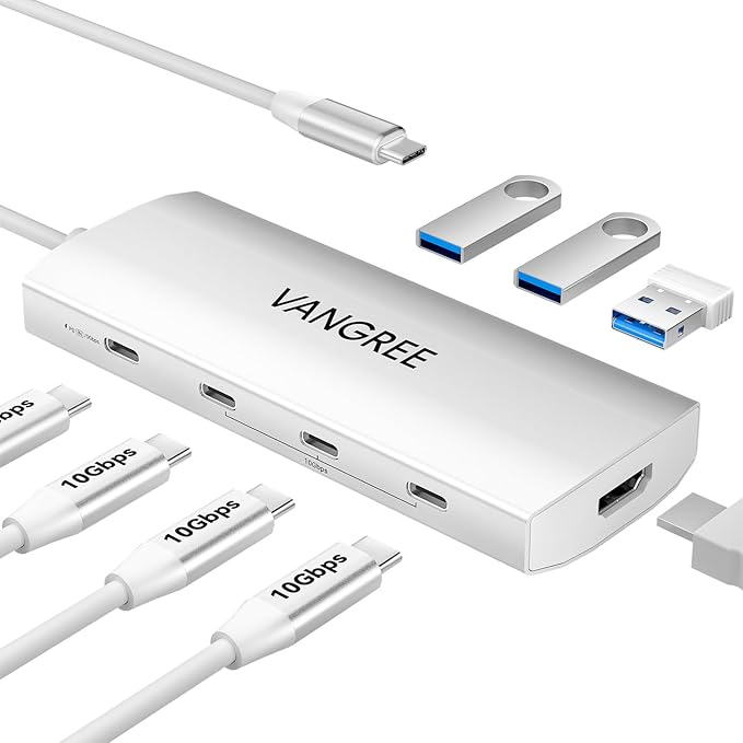 USB C Hub 8 in 1 Multiport Adapter 3 USB 3.2 Gen 2 Ports with 10Gbps 3 USB-A 3.0 5Gbps 4K@60Hz HDMI 100W PD USBC Splitter for MacBook Pro iPad Pro Mac mini and More(Not Support USB-C Monitor)
