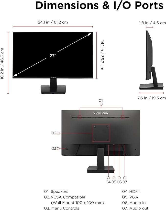 ViewSonic VA2748-MH 27 Inch Full HD 1080p IPS Monitor with 120Hz Variable Refresh Rate Eye Care HDMI and VGA Inputs for Home and Office (Renewed)