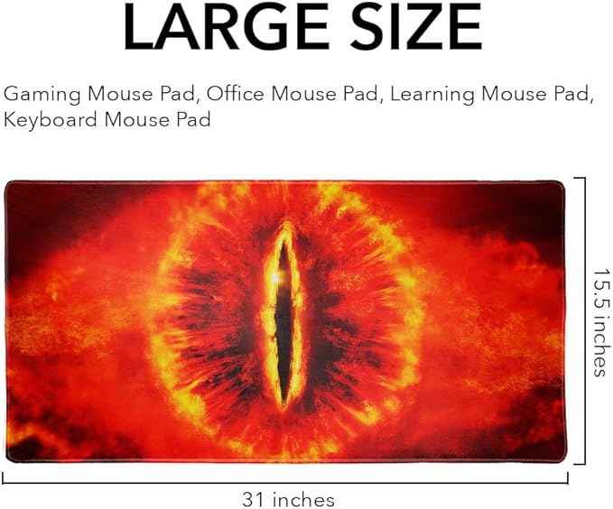 Lord of The Rings Eye of Sauron Large Gaming Mouse Pad Desk Mat with Stitched Edges Non-Slip Base for Gamer Home and Office 31.5 x 15.7