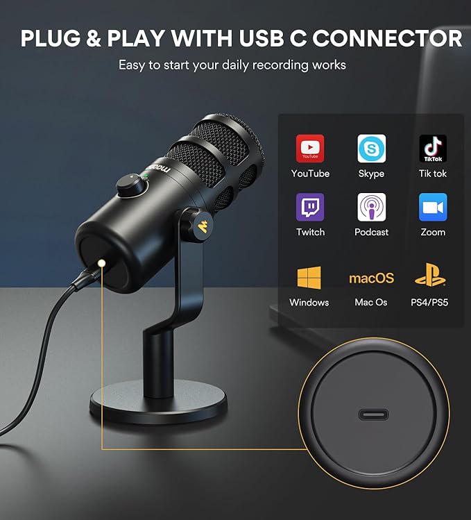 MAONO USB Dynamic Microphone Podcast Recording Microphone with Gain Knob Plug &amp Play Metal Structure Voice-Isolating Technology Cardioid Studio PC Mic for Streaming Vocal Home Studio-PD100U