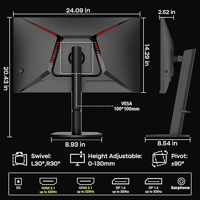 Amzfast 27 Inch Gaming Monitor 320Hz 240Hz WQHD 2560 x 1440p Fast IPS Monitor 1ms G-SYNC Compatible HDR400 135% sRGB 99% DCI-P3 PIP/PBP Height Adjustable HDMI 2.1 x 2&ampDP 1.4 x 2 G27F6Q MAX