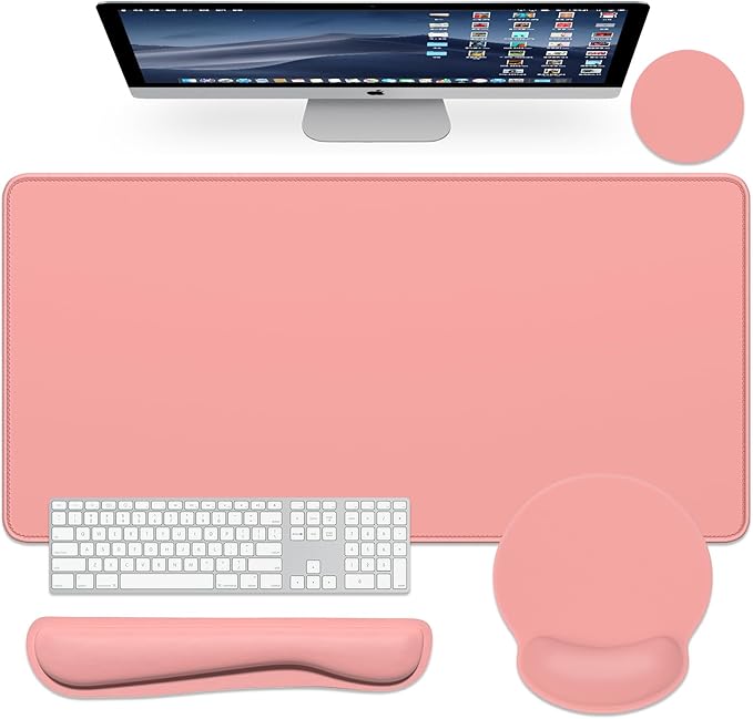 Dapesuom Large Gaming Mouse Pad Mouse Pads with Wrist Rest Wrist Support 4in1 XXL Desk Mat Desk Pad + Ergonomic Mousepad + Memory Foam Keyboard Mat Wrist Rest + Coaster Set for Computer Rose Pink