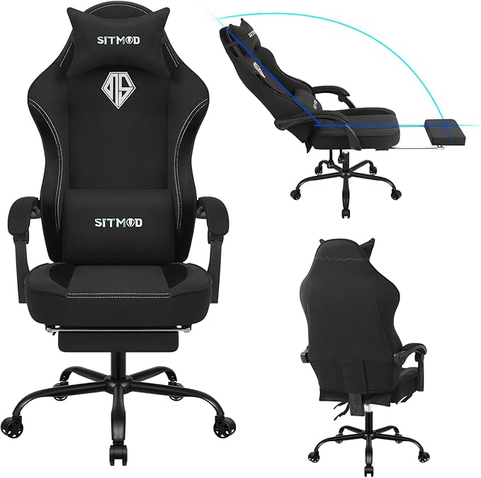 Gaming Chair Fabric with Pocket Spring CushionErgonomic Computer Office Chair Cloth with Footrest and HeadrestHigh Back Game Chair with Lumbar SupportAdjustable Backrest for AdultsBlack