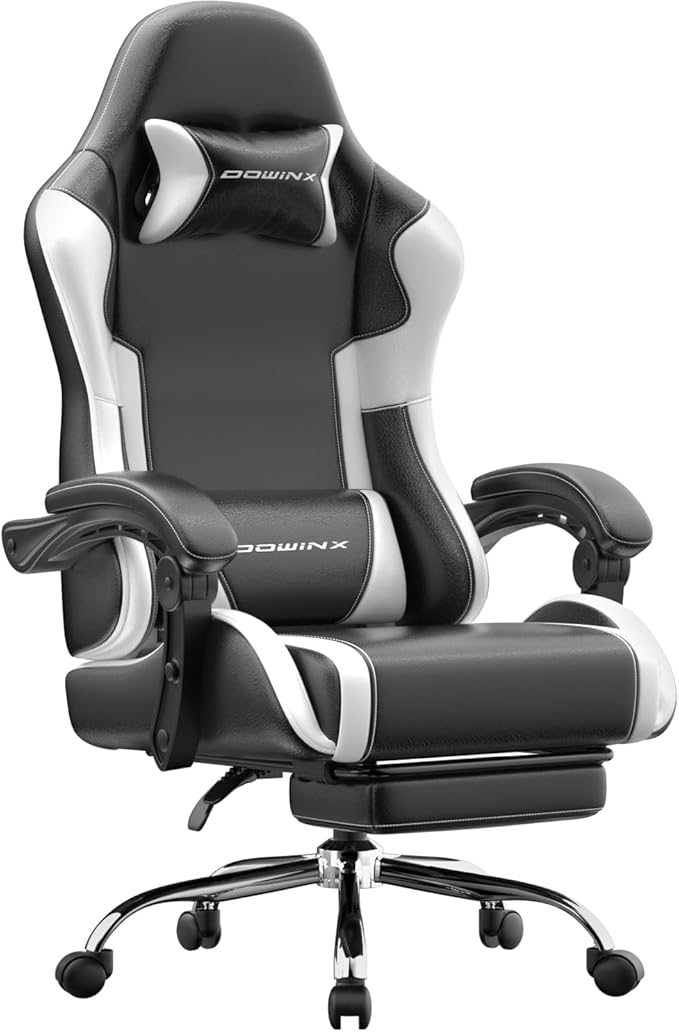 Dowinx Ergonomic Gaming Chair with Footrest &amp Massage Lumbar 2D-Linkage Armrests for Computer Chair 330lbs with Headrest Pillow for Office Home Streaming and Long Gaming Sessions White