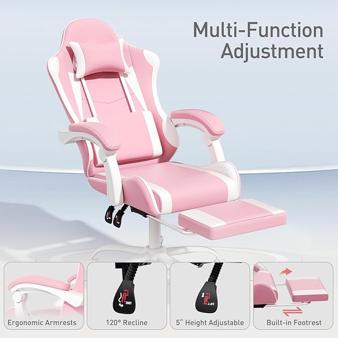 MoNiBloom Gaming Chair with Headrest &amp Lumbar Support Ergonomic Computer Racing Chair with Footrest Adjustable Hight Leather Swivel Computer Chair for Adult Teen Office or Gaming