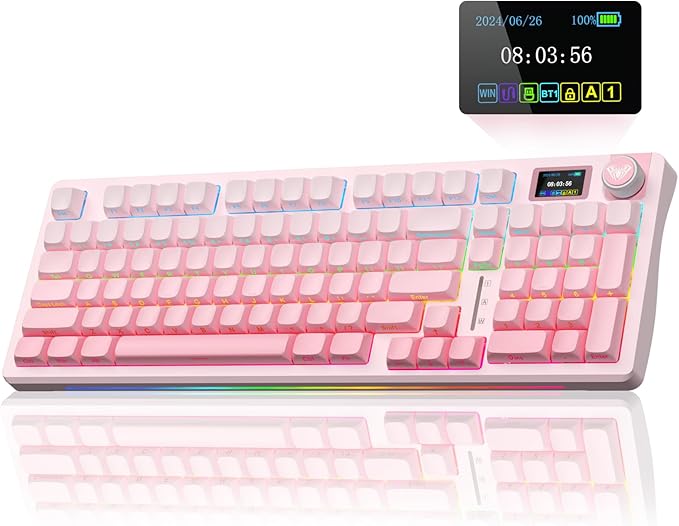 AULA S98 Pro Wireless Mechanical Keyboard with Screen &amp Knob2.4GHz/USB-C/BT5.0 Hot Swappable Pink Creamy KeyboardPre-lubed Linear SwitchesSide Printed PBT KeycapsRGB Backlit Gaming Keyboards