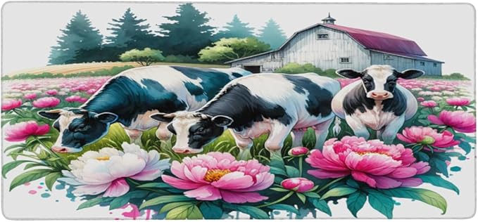 Farm Cow Pink Flower Large Mouse Pad Gaming Mousepad Desk Mat for Desktop Computer Keyboard Waterproof Mouse Mat Desk Pad with Non-Slip Base for Game School Office Home 35.4 x 15.7