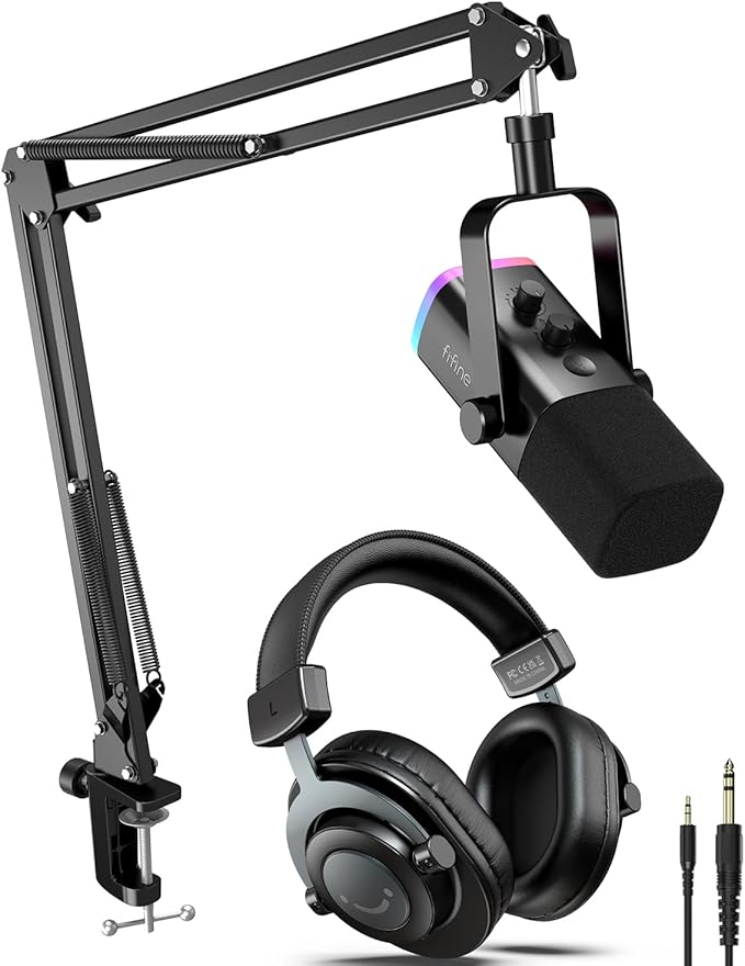 FIFINE XLR/USB Dynamic Microphone Kit with Studio Monitor Headphones Gaming Microphone for PC Bundle with Over-Ear Wired Headphones Mic Boom Arm for Streaming Podcast Vocal Recording (AM8T+H8)