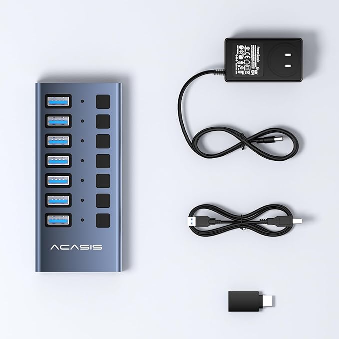 Powered USB 3.2 Hub ACASIS 7 Ports USB 3.2 Hub with 10Gbps Data Speed Aluminum Housing USB Hub Powered with 24W Power Adapter USB Hub for PC/Laptop Computer Flash Drive Printer Camera