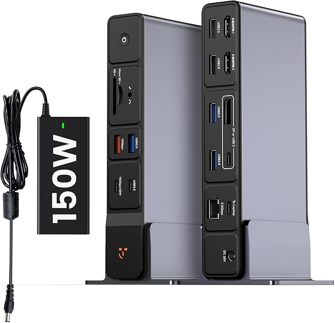 TobenONE USB C Docking Station 3 Monitors 18-in-1 Triple 4K Display 150W Power Adapter with 20W Fast Charging 8 USB Ports up to 10Gbps 2 HDMI/DP/USB C for Windows/Chrome OS