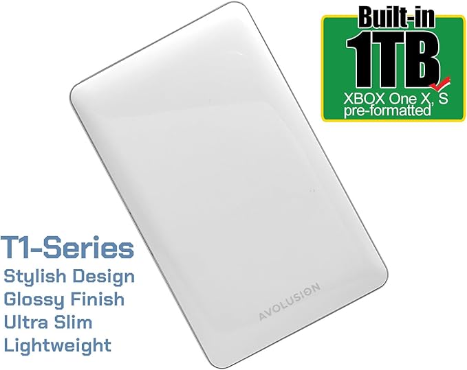 Avolusion T1 Series 1TB USB 3.0 Portable External Gaming Hard Drive (for Xbox One X S &amp Series X|S - Pre-Formatted) White