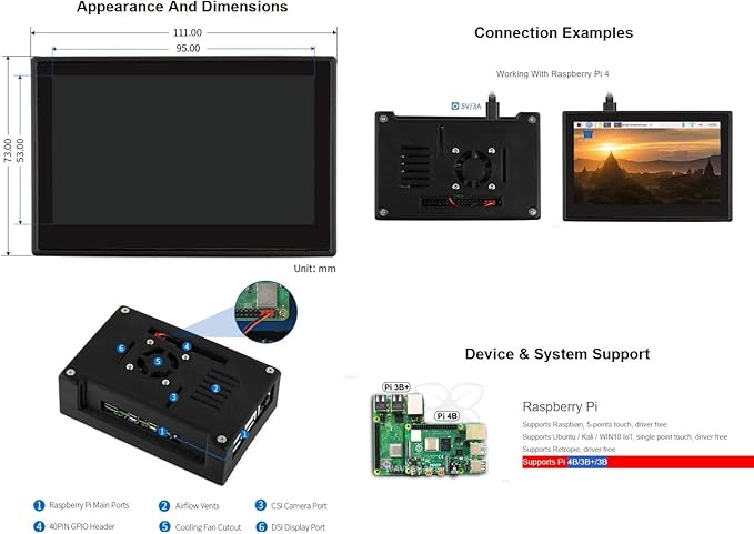 waveshare 4.3inch DSI LCD Capacitive Touch Display with Protection Case for Raspberry Pi 4 B800×480 Resolution IPS Screen Wide AngleMIPI DSI Interface