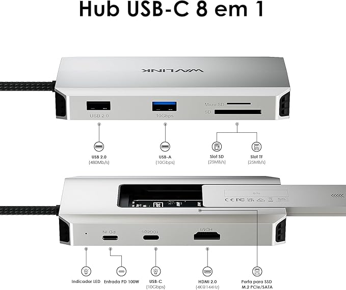 WAVLINK 8 in 1 USB C Hub with M.2 NVMe/SATA SSD Enclosure 10Gbps 4K@144Hz HDMI USB-C/A 10Gb 100W PD Aluminum Alloy USB C Enclosure for M.2 NVMe SATA SSD for M1/M2/M3/M4 MacOS Systems
