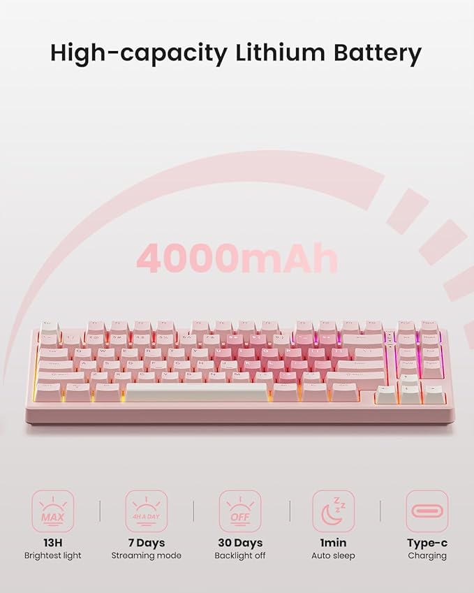 KN85 Wireless Mechanical Gaming Keyboard 75% Layout with RGB Backlit Custom Hot Swappable Creamy Sound Bluetooth/2.4GHz/USB-C Compatible with Windows/Mac/PC (Rose Pink Linear Switch)