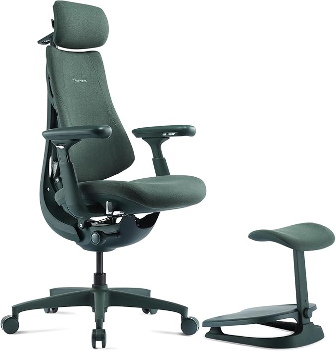 LiberNovo Dynamic Ergonomic Desk Chair + StepSync Footrest Bundle - Comfy Home Office Chair with Adaptive Lumbar Support 160° Recline &amp Built-in Spine Stretch Green+45cm