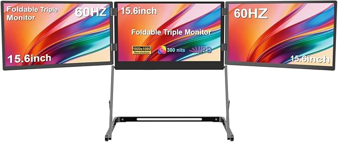 VSDISPLAY 15.6 Inch Portable Triple Monitor for Laptop 3 Screens Quad Monitor 1920x1080 IPS Laptop Screen Extender USB-C Displays Foldable