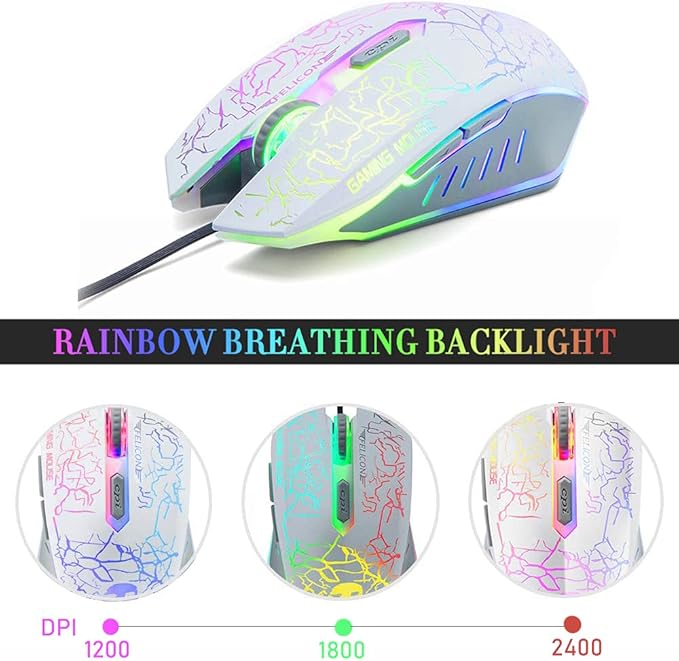 Wired Gaming Keyboard and Mouse Headset ComboRainbow LED Backlit Wired KeyboardOver Ear Headphone with MicRainbow Backlit Gaming MiceMouse Padfor PCLaptopMacPS4Xbox(White)