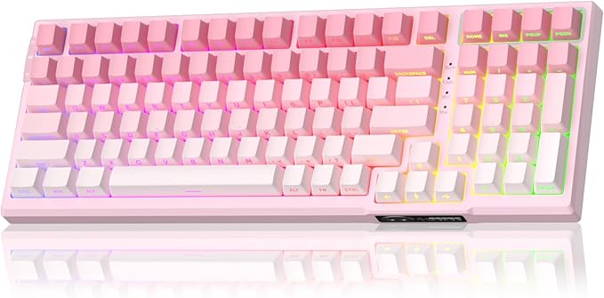 MageGee SKY98 Wireless Gasket Mechanical Gaming Keyboard 96% Hot Swappable RGB Custom Creamy Keyboard with 5-Layer Sound Padding BT/2.4G/USB-C Side Printed Keycaps (Pink&ampWhite Violet Switch)