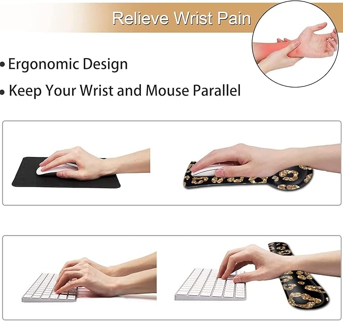 Ergonomic Black Mouse Pad Wrist Support and Memory Foam Keyboard Wrist Rest SetGel Mouse Mat with Non-Slip PU BaseKeyboard Palm Rest for Home Office Wireless Gaming Desk Pad Gold Glitter Leopard