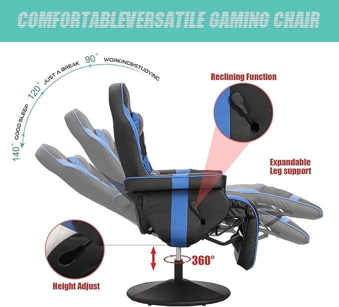 LVUYOYO Reclining Gaming Chair Massage Gaming Chairs for Adults High Back PU Leather Game Recliner w/Adjustable Height Swivel Game Chair with Lumbar Support Cup Holder Headrest