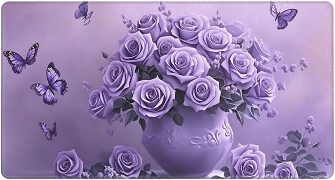 Purple Rose Butterfly Desk Cover MatExtended Large Mouse PadComputer Laptop Mat Desk Decor for Office Game Home 30x16 Inch