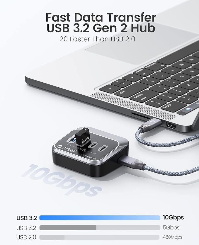 ORICO USB Hub 10Gbps with 2 USB A Ports+2 USB C Ports USB 3.2 Gen 2 Hub with 1.64Ft USB-C Cable and USB-A Adapter USB Splitter for iMac MacBooks Mac mini