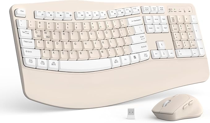 Ergonomic Wireless Keyboard and Mouse Combo Wave Keys Keyboard with Wrist Rest for Natural Typing 3 DPI Adjustable Ergonomic Silent Mouse for Computer/Laptop/Windows/Mac (Latte Color-A)