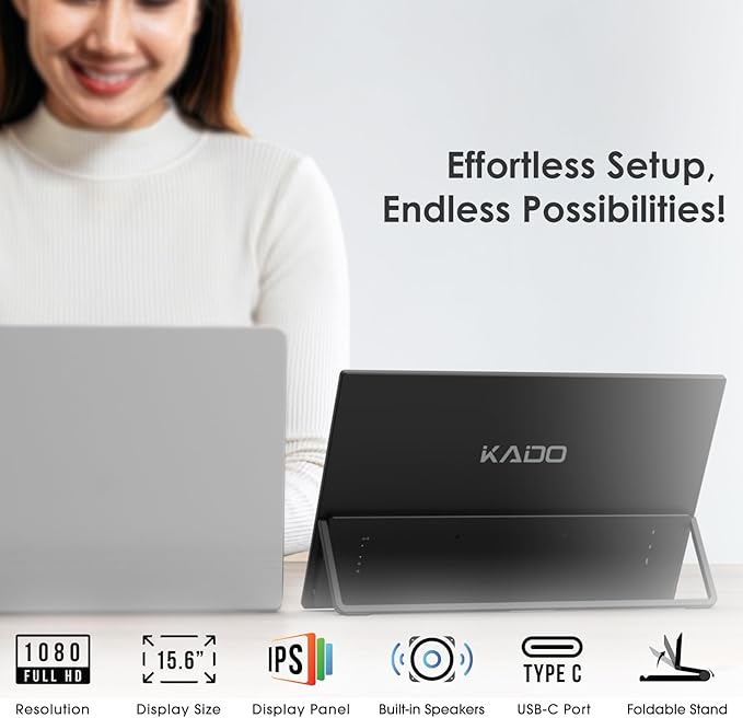 Kado Dual Portable Monitor Setup - 2-Pack 15.6 1080p IPS Triple Monitor Extender for Laptop 1920x1080 HDMI USB-C 180° Kickstand Built-in Speakers Stacked Desktop Setup Office Gaming Daytrading