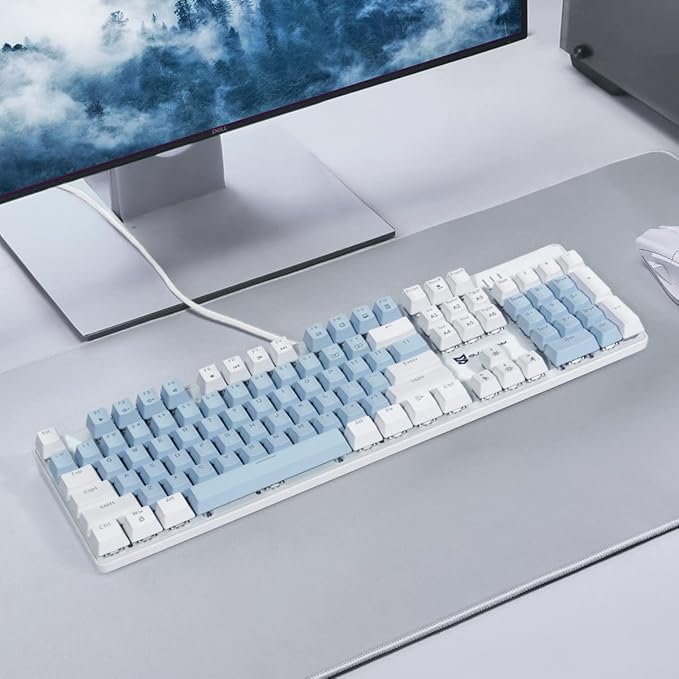 Qisan 104 Mechanical Keyboard for Gaming | Large Size USB White Backlit Gaming Keyboard Wired | US Layout Blue Switches Hot Swappable Mechanical Clicky Keyboards Compatible with PC &amp Laptop