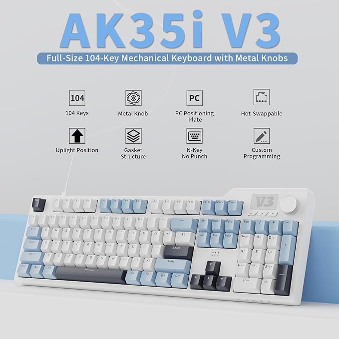 AJAZZ AK35I V3 104-Key Full Size Wired Gasket Mount Gaming Keyboard with Multimedia Buttons &amp Knob Control | Five Layer Pad | OEM Profile PBT Keycaps | Blue Backlit Custom Keyboard