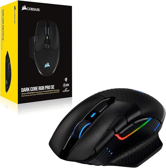 Corsair Dark CORE RGB PRO SE Wireless FPS/MOBA Gaming Mouse with Qi Charging – 18000 DPI – 8 Programmable Buttons – Sub-1ms Wireless – iCUE Compatible – PC Mac PS5 PS4 Xbox – Black