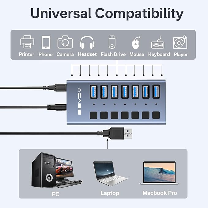 Powered USB 3.2 Hub ACASIS 7 Ports USB 3.2 Hub with 10Gbps Data Speed Aluminum Housing USB Hub Powered with 24W Power Adapter USB Hub for PC/Laptop Computer Flash Drive Printer Camera