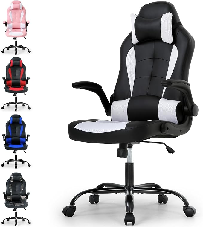 Office Chair PU Leather Desk Gaming Chair High Back Racing Height Adjustable Computer Chair with Back Lumbar Support and Removable Headrest Executive Swivel Chair Flip-Up Armrest Task Chair- White