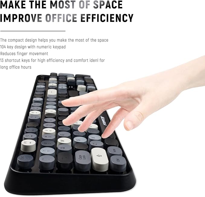 FOPETT Wireless Keyboard and Mouse Combo 104 Keys Full-Sized 2.4 GHz Round Keycap Colorful Keyboards USB Receiver Plug and Play for Windows Mac PC Laptop Desktop (Grey)