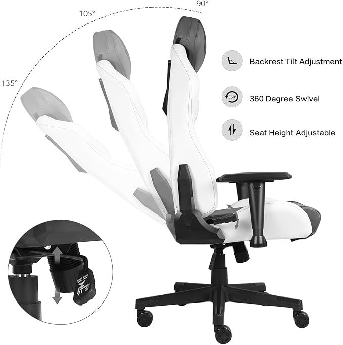 Modern-Depo Ergonomic Gaming Chairs for Adults with High-Density Memory Foam | Swivel Comfortable Office Chair Big and Tall Video Game Chair High Back Computer Chair for Home Office Grey White