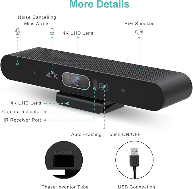 4K Pro Audio and Video Conference Room Camera with Remote Control for Windows TV AI-Powered HD Webcam with Microphone &amp Speaker for Desktop Computer/PC/Monitor/Laptop/Teams/Zoom/Skype