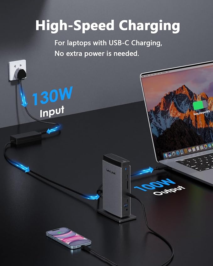 WAVLINK Docking Station 3 Monitors Triple 4K@60Hz for MacBook M1/M2/M3/M4/Windows Displaylink Dock with 3X HDMI or 2X DisplayPort 130WPD5 USB Ports Ethernet Audio SD/TF